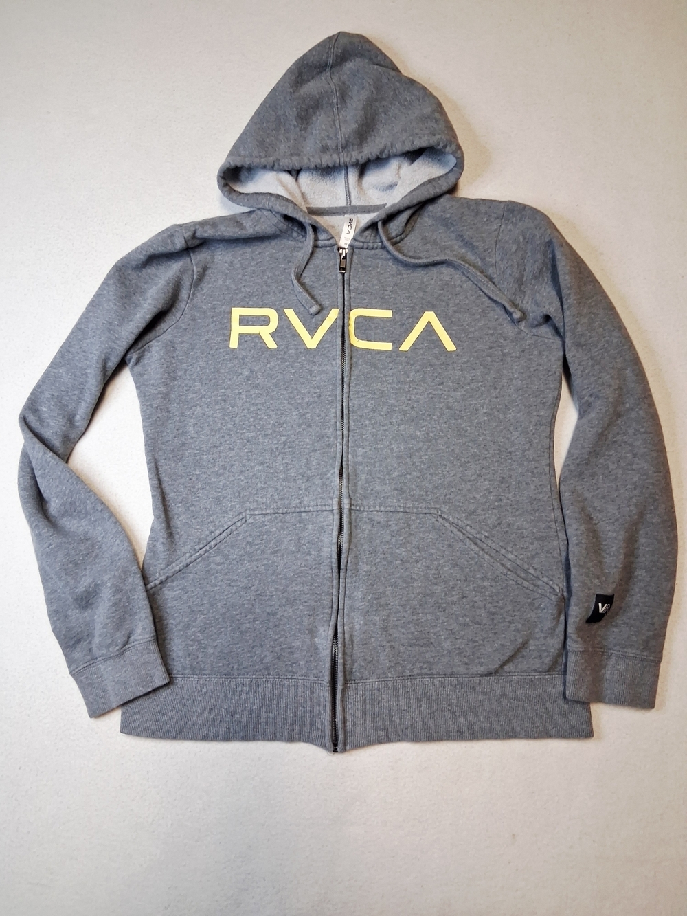 4/20$ RVCA Heather Gray Zip Hoodie with Yellow Logo